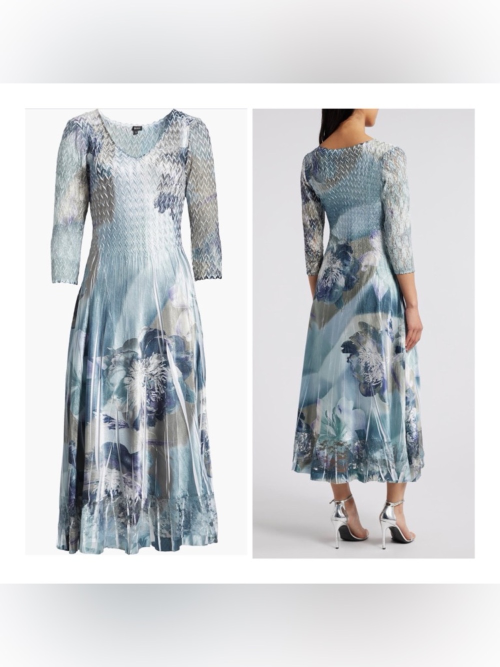 Komarov Blue & Silver Floral Smocked Midi Dress - Picture 1 of 9